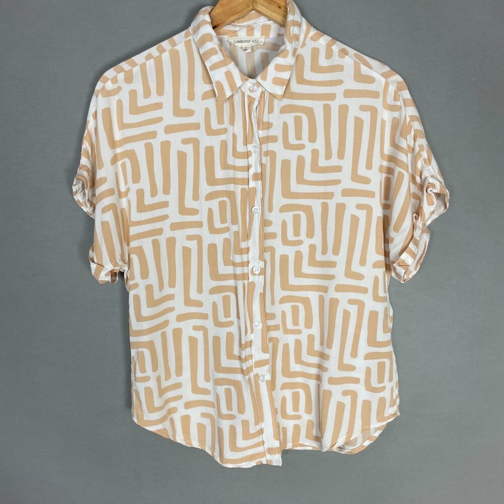 Sunburst Kiss Top Abstract Print Women Size Small White Cream Artsy Blouse Funky